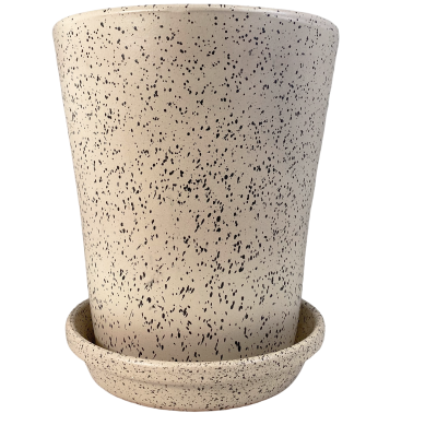 Vaso de planta em cerâmica bege com manchas pretas e pires