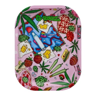 Tabuleiro metálico rosa com ilustrações coloridas de folhas de cannabis, morangos, rosas, corações e cigarros enrolados.