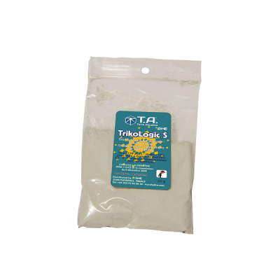 Pacote plástico transparente com pó cinza claro e etiqueta azul TrikoLogic S