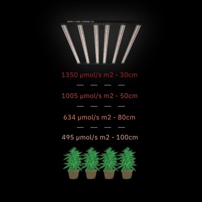 Painel de luz LED com seis barras iluminadas e informação de intensidade luminosa em várias distâncias, com quatro plantas em vasos em fundo preto.