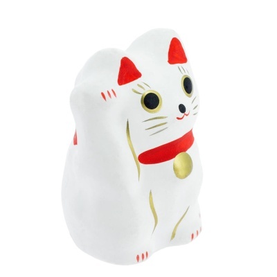 Estatueta de gato da sorte branco em cerâmica com detalhes vermelhos e dourados