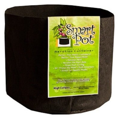 Vaso de cultivo Smart Pot preto com etiqueta verde e texto em inglês