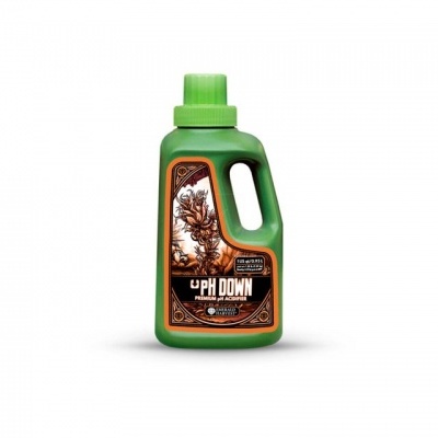 Frasco verde de pH Down com rótulo castanho e tampa verde