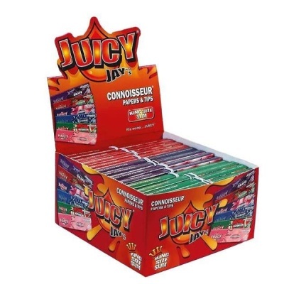 Expositor de papel JUICY JAYS Connoisseur Papers & Tips King Size Slim com vários pacotes coloridos.