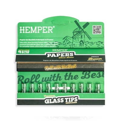 Caixa verde de papel para enrolar com pontas de vidro transparentes Hemper Papers Slow Burn