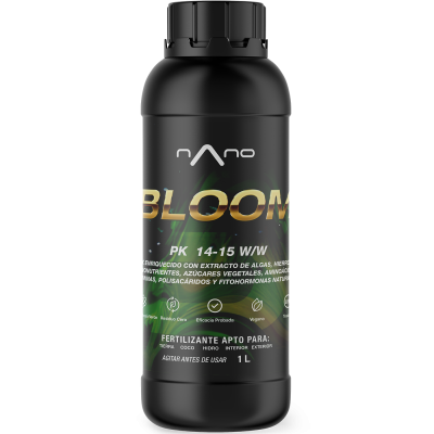 Frasco preto com fertilizante nano BLOOM 1 litro