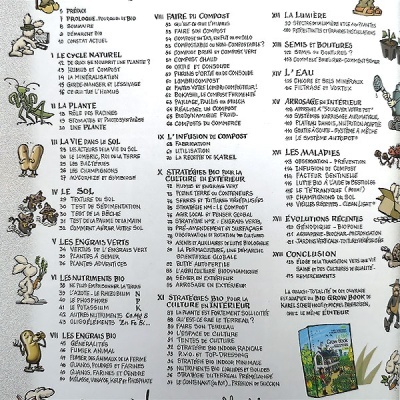 Ilustração de texto detalhado em francês sobre compostagem e agricultura com desenhos pequenos ao lado das seções.