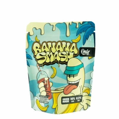 Embalagem colorida Banana Smash com banana animada e texto de concentração CBD e THC.