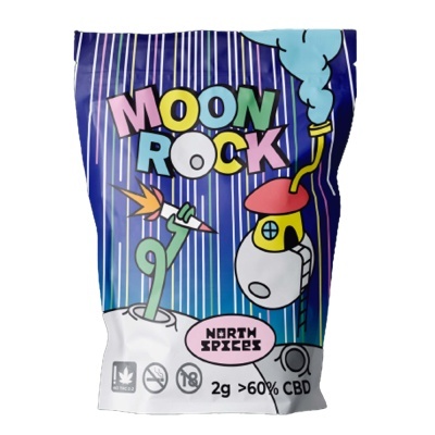 Embalagem azul com ilustração e texto MOON ROCK para produto CBD