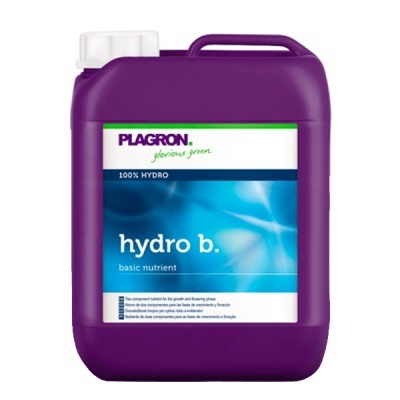 Recipiente roxo de plástico com tampa branca e etiqueta azul e branca com texto hydro b.