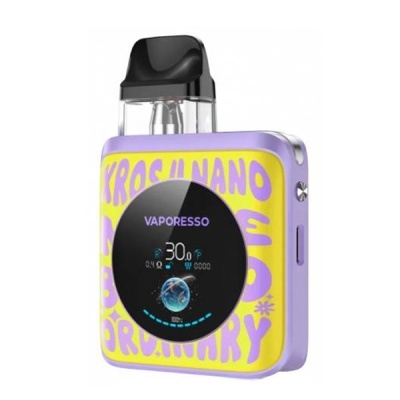 Dispositivo de vape compacto Vaporesso Kros Nano lilás e amarelo com visor circular digital