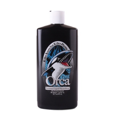 frasco preto de micorrizas líquidas Orca com orca ilustrada