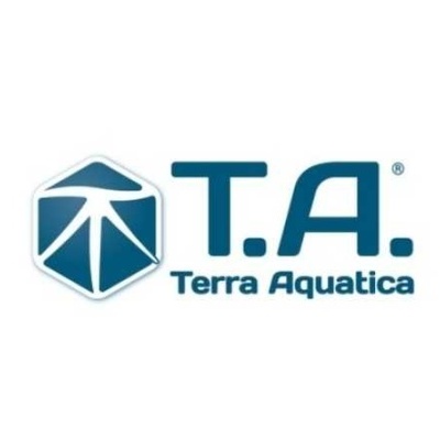 Logótipo azul e branco T.A. Terra Aquatica com hexágono e desenho abstrato