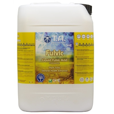Recipiente branco de plástico com tampa preta e rótulo amarelo e azul de produto Fulvic Liquid Fulvic Acid