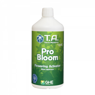 Frasco branco com rótulo verde do produto T.A. Pro Bloom Flowering Activator