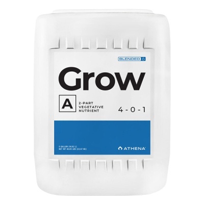 Recipiente plástico branco com etiqueta GROW A 2-PART VEGETATIVE NUTRIENT 4-0-1 ATHENA