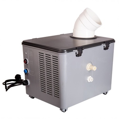 Equipamento industrial cinza com tampa preta e exaustor branco