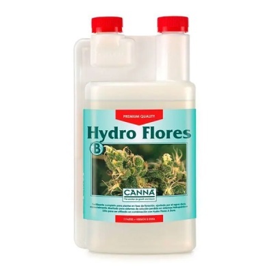 Frasco de fertilizante Hydro Flores B da CANNA com rótulo azul e tampa vermelha