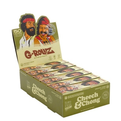 Caixa expositora verde de papel de enrolar G-Rollz Cheech & Chong com ilustração de dois homens com bandanas