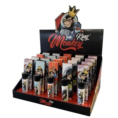 Expositor King Monkey com isqueiros e caixas coloridas ilustradas com macacos de coroa