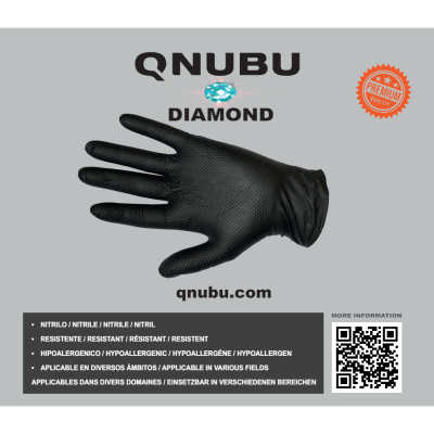 Luva preta de nitrilo QNUBU DIAMOND com textura, texto informativo e QR code num fundo cinza.