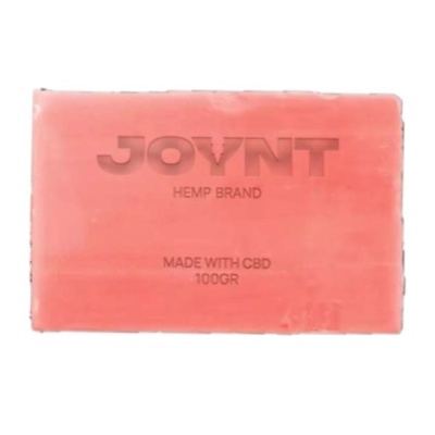 Sabonete rectangular salmão com texto JOYNT HEMP BRAND MADE WITH CBD 100GR