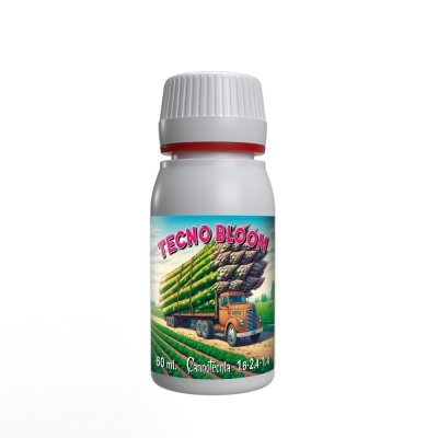 Frasco branco de 60 ml TECNO BLOOM com ilustração de camião com espargos