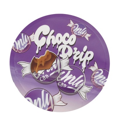 Imagem de embalagem redonda roxa com texto Choco Drip e doces Only CBD