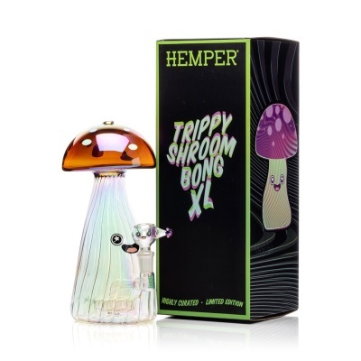 Bong de vidro em forma de cogumelo com embalagem preta colorida