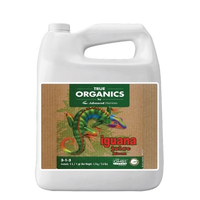 Recipiente branco com rótulo de Iguana Juice Bloom