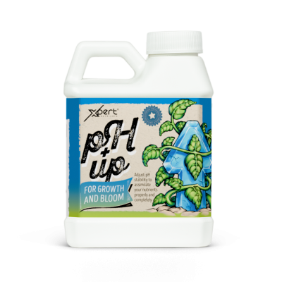 Frasco branco de plástico com rótulo colorido e texto pH up
