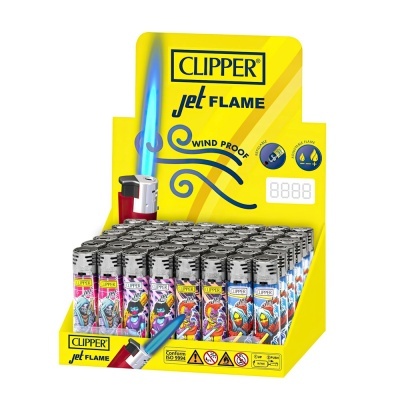 Expositor amarelo com vários isqueiros Clipper Jet Flame coloridos