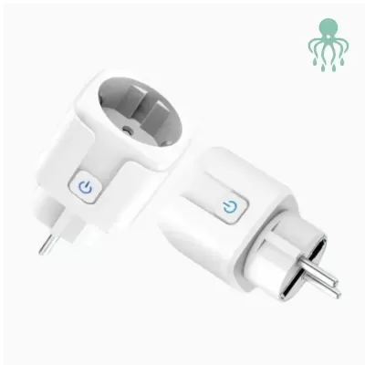 Adaptadores elétricos brancos com botão de ligar/desligar azul e pinos redondos
