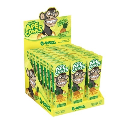 Expositor amarelo com caixas de cones de bambu G-Rollz Ape Cones sabor pineapple punch com ilustração de macaco