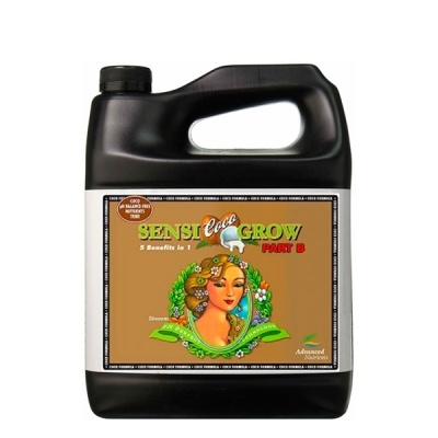 Recipiente preto Sensi Coco Grow Part B com etiqueta castanha e figura de mulher e flores
