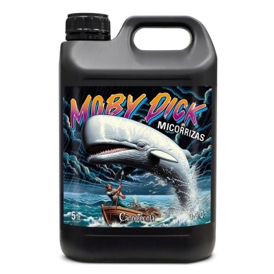 Recipiente preto com rótulo colorido de baleia e barco para produto MOBY DICK Micorrizas
