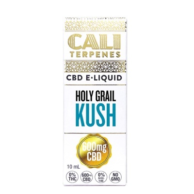 Embalagem de CBD E-LIQUID CALI TERPENES com ouro e branco, texto HOLY GRAIL KUSH 600 mg CBD.