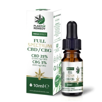 frasco de vidro âmbar com conta-gotas e embalagem com texto Full Spectrum CBD/CBG
