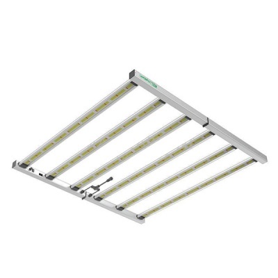 Luz LED retangular com seis barras horizontais e estrutura metálica cinza