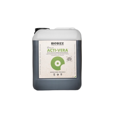 Recipiente plástico cinzento BIOBIZZ ACTI-VERA com rótulo branco e texto verde e preto
