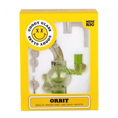 Mini rig de vidro verde translúcido com embalagem amarela e texto ORBIT