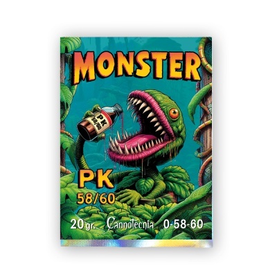 Embalagem colorida com planta carnívora e texto MONSTER PK 58/60