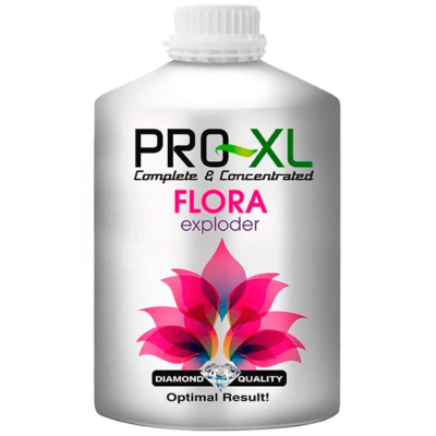 Frasco branco com rótulo colorido e texto PRO-XL FLORA exploder