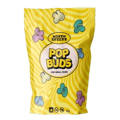 Embalagem amarela ondulada com flores coloridas e texto POP BUDS
