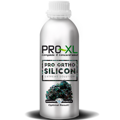 Frasco prateado da solução PRO-ORTHO SILICON PRO-XL com imagem de mineral