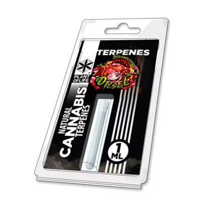 Embalagem preta e branca com frasco transparente de 1 ML e rótulo colorido Strawberry Diesel de terpenos de cannabis