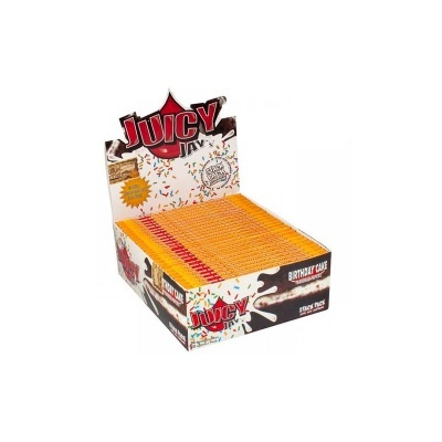 Caixa de papel de enrolar Juicy Jay's sabor Birthday Cake com design colorido e confetes