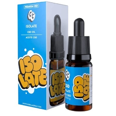 Frasco e caixa de óleo CBD isolate azul com letras amarelas
