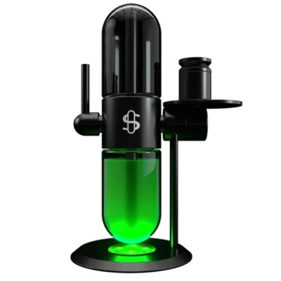 Dispositivo moderno preto com recipiente de vidro verde e suporte circular