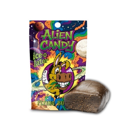 Embalagem colorida Alien Candy com personagem burro e pedaço de produto marrom escuro